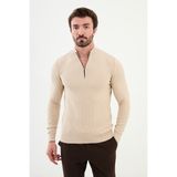 Dokulu Bej Slim Fit Fermuarlı Yarım Balıkçı Yaka Erkek Triko Kazak - 2XL