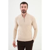 Dokulu Bej Slim Fit Fermuarlı Yarım Balıkçı Yaka Erkek Triko Kazak
