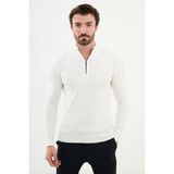 Dokulu Ekru Slim Fit Fermuarlı Yarım Balıkçı Yaka Erkek Triko Kazak - 2XL