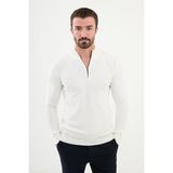 Dokulu Ekru Slim Fit Fermuarlı Yarım Balıkçı Yaka Erkek Triko Kazak