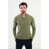 Dokulu Haki Slim Fit Fermuarlı Yarım Balıkçı Yaka Erkek Triko Kazak