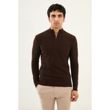 Dokulu Kahverengi Slim Fit Fermuarlı Yarım Balıkçı Yaka Erkek Triko Kazak - XL