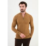 Dokulu Kamel Rengi Slim Fit Fermuarlı Yarım Balıkçı Yaka Erkek Triko Kazak - 2XL