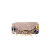 Dokulu Örgü Clutch Çanta, Bej Renk, Altın Rengi Metal Detaylı, Mavi Boncuklu ve Zincir Askılı