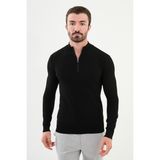 Dokulu Siyah Slim Fit Fermuarlı Yarım Balıkçı Yaka Erkek Triko Kazak - 2XL