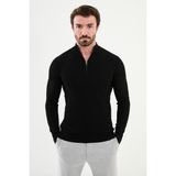 Dokulu Siyah Slim Fit Fermuarlı Yarım Balıkçı Yaka Erkek Triko Kazak - XL