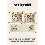 Dokuvia Punch Nakışlı Çiçek Desenli 3 Parça Ev Tekstili Seti 2 Kırlent Kılıfı 1 Runner Çiçek Bahçesi Dekoratif Salon Takımı