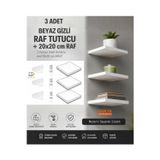 dokya dizayn 3 Adet Gizli Raf Tutucu ve 20x20 cm Beyaz Duvar Rafı Seti | Dekoratif Metal Raf Ayağı | Modern Duvar Rafı