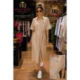DOLCE QUEEN Kadın Bej Çizgili Pamuklu Cotton Kuşaklı Midi Gömlek Elbise DQ00000785