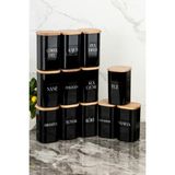 Dolkin Home 12 Adet 250 ml Vakumlu Bambu Ahşap Kapaklı Siyah Akrilik Baharatlık Seti Etiket Hediyeli