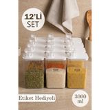 Dolkin Home 12'li 3000 ml Ölçek Kapaklı Mika Erzak Seti Şeffaf Etilketli Akrilik 3 litre Bakliyat Saklama Kabı Erzak Kavanozu