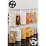 Dolkin Home 12'li Erzak Seti 1700 ml Bakliyatlık Mika Bakliyat Kutusu Seti Şeffaf Beyaz Etiketli Akrilik Erzak Saklama Kabı