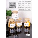Dolkin Home 20 ÇEŞİT ETİKETLİ 4'lü 500 ml Bambu Kapaklı Kuruyemişlik Çerezlik Kavanozu Kuruyemiş Kavanozu