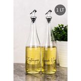 Dolkin Home 2li 1000 ml Ayçiçek Yağı ve Zeytinyağı Etiketli Yağlık Sıvı Yağ Şişesi Gümüş Tıpalı Cam Yağdanlık - Şeffaf - 1 lt
