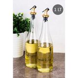 Dolkin Home 2li 1000 ml Bambu Standlı Ayçiçek Yağı ve Zeytinyağı Etiketli Yağlık Sıvı Yağ Şişesi Gold Tıpalı Cam Yağdanlık - Şeffaf - 1 lt