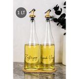 Dolkin Home 2li 1000 ml Bambu Standlı Ayçiçek Yağı ve Zeytinyağı Etiketli Yağlık Sıvı Yağ Şişesi Gold Tıpalı Cam Yağdanlık