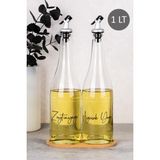 Dolkin Home 2li 1000 ml Bambu Standlı Ayçiçek Yağı ve Zeytinyağı Etiketli Yağlık Sıvı Yağ Şişesi Gümüş Tıpalı Cam Yağdanlık - Şeffaf - 1 lt