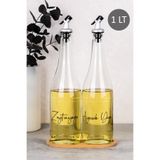 Dolkin Home 2li 1000 ml Bambu Standlı Ayçiçek Yağı ve Zeytinyağı Etiketli Yağlık Sıvı Yağ Şişesi Gümüş Tıpalı Cam Yağdanlık