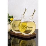Dolkin Home 2li 500 ml Yağdanlık Ahşap Stantlı Gold Kapak Yuvarlak Cam Yağlık Zeytinyağı Ayçiçek Yağı Sosluk - Şeffaf