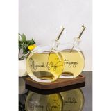 Dolkin Home 2li 500 ml Yağdanlık Ahşap Stantlı Gold Kapak Yuvarlak Cam Yağlık Zeytinyağı Ayçiçek Yağı Sosluk