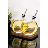 Dolkin Home 2li 500 ml Yağdanlık Ahşap Stantlı Gümüş Kapak Yuvarlak Cam Yağlık Zeytinyağı Ayçiçek Yağı Sosluk