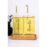 Dolkin Home 2li 500ML Yağdanlık Seti Ahşap Stantlı Cam Yağlık Zeytinyağı Ayçiçek Yağı Sunflower Olive Oil Etiket - Şeffaf - 500 ml