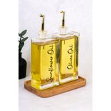 Dolkin Home 2li 500ml Yağdanlık Seti Ahşap Stantlı Cam Yağlık Zeytinyağı Ayçiçek Yağı Sunflower Olive Oil Etiket