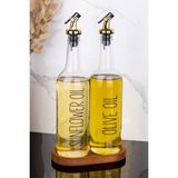 Dolkin Home 2li 750 ml Ahşap Standlı Ayçiçek Yağı ve Zeytinyağı Yağlık Sıvı Yağ Şişesi Gold Tıpalı Cam Yağdanlık - Şeffaf