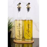 Dolkin Home 2li 750 ml Bambu Standlı Ayçiçek Yağı ve Zeytinyağı Yağlık Sıvı Yağ Şişesi Gold Tıpalı Cam Yağdanlık