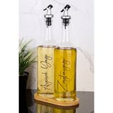 Dolkin Home 2li 750 ml Bambu Standlı Ayçiçek Yağı ve Zeytinyağı Yağlık Sıvı Yağ Şişesi Gri Tıpalı Cam Yağdanlık