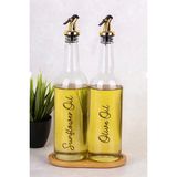 Dolkin Home 2li 750ML Cam Yağdanlık Seti Ahşap Stant Gold Tıpa Zeytinyağı Ayçiçek Yağı Yağlık Şişesi Sirkelik - Şeffaf - Altın - 750 ml