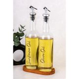 Dolkin Home 2li 750ML Cam Yağdanlık Seti Ahşap Stant Gümüş Tıpa Zeytinyağı Ayçiçek Yağı Yağlık Şişesi Sirkelik - Şeffaf -Altın - 750 ml