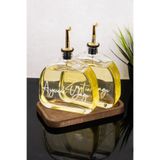 Dolkin Home 2'li Ahşap Stantlı 500 ml Lüks Yağdanlık Seti Gold Kapak Cam Yağlık Ayçiçek Yağı Zeytinyağı Etiketli Akasya Standlı Sosluk Sirkelik
