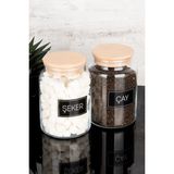 Dolkin Home 2'li Ahşap Vakum Kapaklı Çay Şeker Siyah Etiketli Cam Kavanoz Seti Saklama Kabı 800 ml - Şeffaf