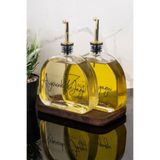 Dolkin Home 2li Lüx 500 ml Yağdanlık Ahşap Standlı Gold Kapak Cam Yağlık Zeytinyağı Ayçiçek Yağı Sosluk Sirkelik