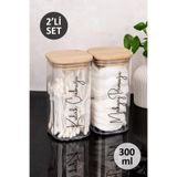Dolkin Home 2'li Makyaj Pamuğu - Pamuk - Kulak Çubuğu Etiketli Bambu Kapaklı Şeffaf Mika Kavanoz Pamuk Kutusu Seti Banyo Düzenleyici 300 ml