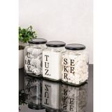 Dolkin Home 3'lü 1 Litre Dekoratif Cam Kavanoz Seti Çay Şeker Kahve Tuz Etiketli Metal Kapaklı Erzak Saklama Kabı - Şeffaf - 1 lt