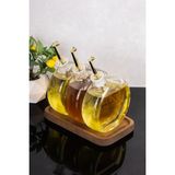 Dolkin Home 3lü 500 ml Yağdanlık Ahşap Stantlı Gold Kapak Yuvarlak Cam Yağlık Etiketli Zeytinyağı Ayçiçek Yağı - Şeffaf - Gümüş