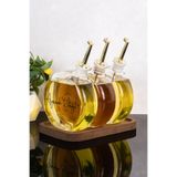 Dolkin Home 3lü 500 ml Yağdanlık Ahşap Stantlı Gold Kapak Yuvarlak Cam Yağlık Etiketli Zeytinyağı Ayçiçek Yağı