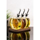 Dolkin Home 3lü 500 ml Yağdanlık Ahşap Stantlı Gümüş Kapak Yuvarlak Cam Yağlık Etiketli Zeytinyağı Ayçiçek Yağı - Şeffaf - Gümüş