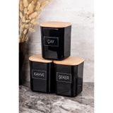 Dolkin Home 3lü 900ml Siyah Akrilik Çay Şeker Kahve Etiketli Saklama Kabı Ahşap Vakum Kapaklı Saklama Kutusu Set