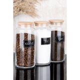 Dolkin Home 3'lü Ahşap Vakum Kapaklı Çay Kahve Tuz Siyah Etiketli Cam Kavanoz Seti Saklama Kabı 1300 ml - Şeffaf