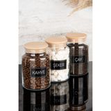 Dolkin Home 3'lü Ahşap Vakum Kapaklı Çay Şeker Kahve Siyah Etiketli Cam Kavanoz Seti Saklama Kabı 800 ml - Şeffaf