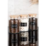 Dolkin Home 3'lü Ahşap Vakum Kapaklı Çay Şeker Kahve Siyah Etiketli Cam Kavanoz Seti Saklama Kabı 800 ml