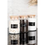 Dolkin Home 3'lü Ahşap Vakum Kapaklı Çay Şeker Tuz Siyah Etiketli Cam Kavanoz Seti Saklama Kabı 800 ml - Şeffaf