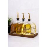 Dolkin Home 3lü Lüx 500 ml Yağdanlık Akasya Ahşap Standlı Gold Kapak Cam Yağlık Zeytinyağı Ayçiçek Yağı Sosluk Sirkelik