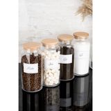 Dolkin Home 4'lü Ahşap Vakum Kapaklı Çay Şeker Kahve Tuz Beyaz Etiketli Cam Kavanoz Seti Saklama Kabı 1300 ml - Şeffaf