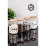 Dolkin Home 4lü Bambu Vakum Kapaklı 800 ml Cam Kavanoz Seti Şeffaf Etiketli Çay Şeker Kahve Tuz Saklama Kavanozu