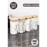 Dolkin Home 4'lü Makyaj Pamuğu - Pamuk - Kulak Çubuğu - Diş İpi Etiketli Bambu Kapaklı Şeffaf Mika Kavanoz Pamuk Kutusu Seti Banyo Düzenleyici 300 ml