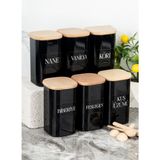 Dolkin Home 6 Adet 250 ml Kaşıklı Vakumlu Bambu Ahşap Kapaklı Siyah Akrilik Baharatlık Seti Etiket Hediyeli